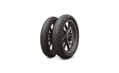 Pair of modern black scooter tires with detailed tread patterns isolated on a clean white surface ready for automotive advertising and design. transparent background
