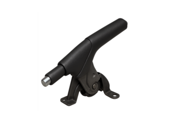 Close-up detail of a car's manual handbrake lever mechanism showcasing its intricate mechanical design and robust construction from a low angle. transparent background