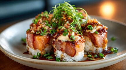A beautifully crafted plate of sushi topped with scallions and sauces showcases rich textures and appetizing colors, providing a delightful feast for sushi lovers.