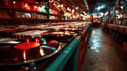 A charming view of vintage vinyl records neatly arranged in a music store illuminated with colorful lights, creating a nostalgic and inviting atmosphere for music lovers.