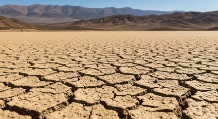 Cracked dry earth stretches towards distant mountains under a clear blue sky