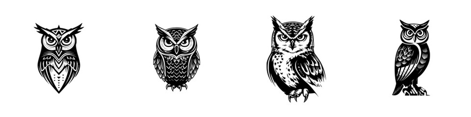 Stylized owls with intricate details and sharp talons in graphic black and white, minimalist monochrome icons