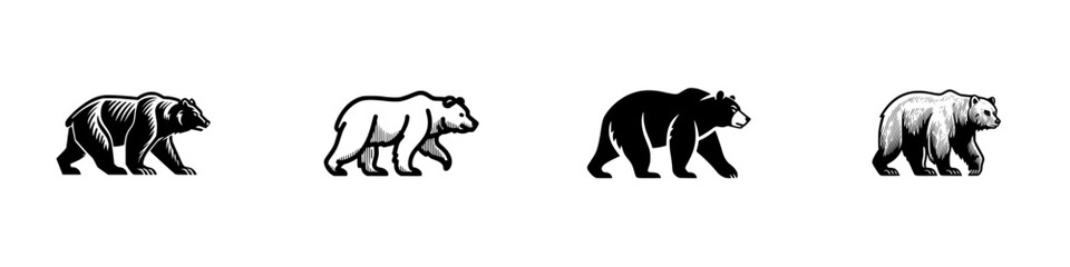 Four stylized bear icons in profile, walking, black and white, minimalist monochrome icons