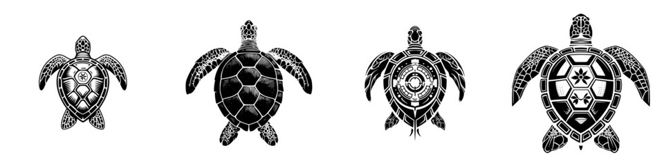 Fototapeta premium Tribal Sea Turtle Graphics Set, minimalist monochrome icons