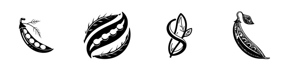 Stylized pea pods with leaves and seeds, black and white graphic elements, minimalist monochrome icons