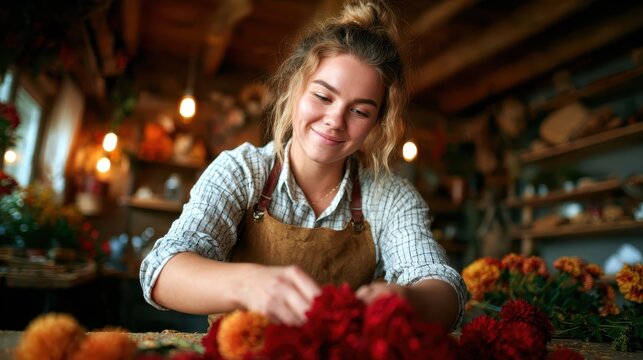 A dedicated florist skillfully arranging vibrant flowers in a cozy workshop, showcasing creativity, artistry, and a passion for nature in a beautifully crafted setting.