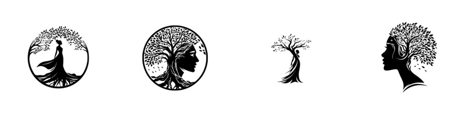 Woman with tree hair and flowing gown, abstract nature silhouette, minimalist monochrome icons
