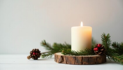 Rustic wooden Christmas candle holder on white Minimalist cottagecore aesthetic , cottagecoredecor, minimalist