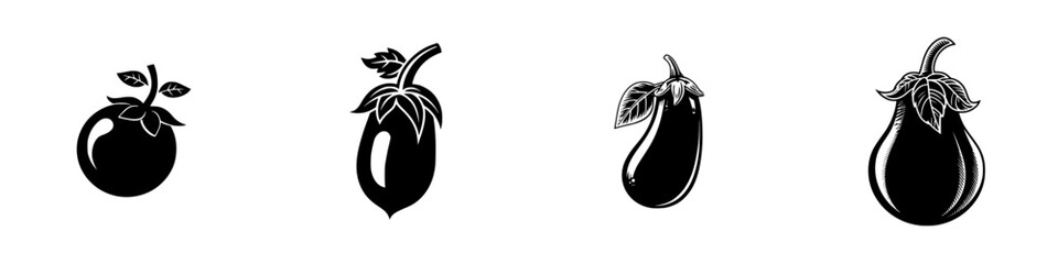Stylized eggplant icons with leaves and stems, minimalist monochrome icons