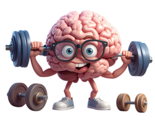 Side Angle of Geeky Brain Lifting Dumbbells, Animated Muscle Flex, Isolated PNG