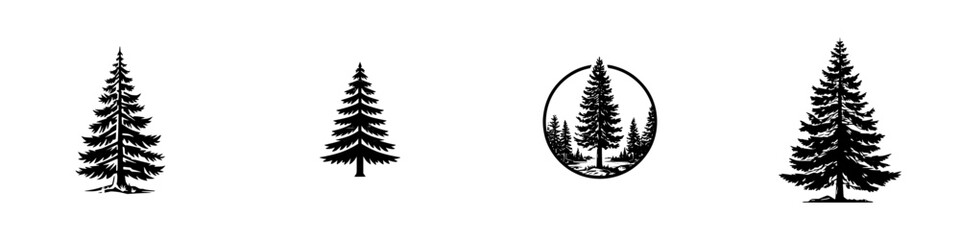 Stylized Pine Trees and Forest Landscape Silhouette Collection, minimalist monochrome icons