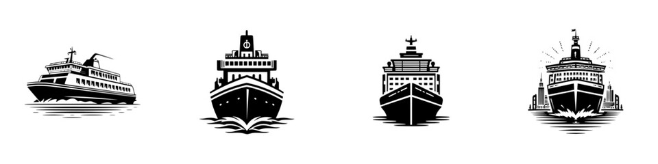Stylized ships and boats sailing on water, front and side views, graphic black and white style, minimalist monochrome icons