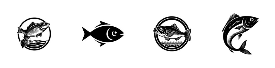 Fototapeta premium Stylized fish icons and emblems with aquatic elements, minimalist monochrome icons