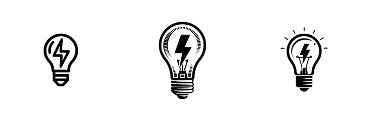 Light bulb with lightning bolt symbol for energy and ideas, minimalist monochrome icons