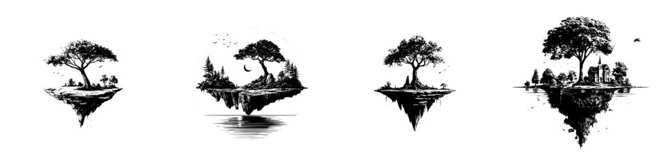 Surreal floating islands with trees and water reflections, minimalist monochrome icons © Andrei