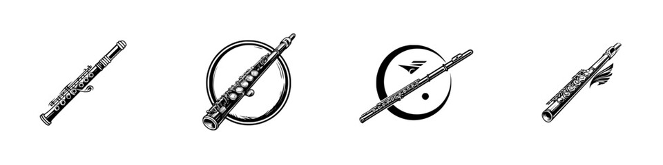 Stylized flute icons and emblems with musical notes and circles, minimalist monochrome icons © Andrei