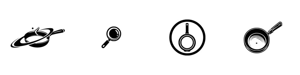 Stylized frying pan icons with handles and cooking elements, isolated on white background, minimalist monochrome icons