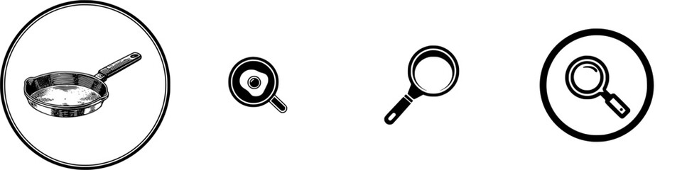 Frying pan and magnifying glass icons for cooking and search, minimalist monochrome icons
