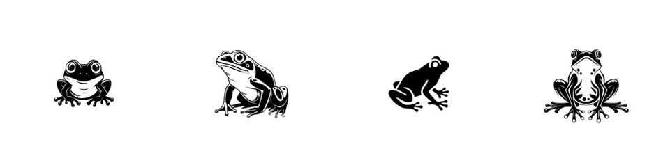 Stylized frog icons and silhouettes in black and white, minimalist monochrome icons