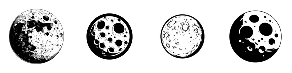 Stylized moon phases and craters, black and white graphic art, minimalist monochrome icons