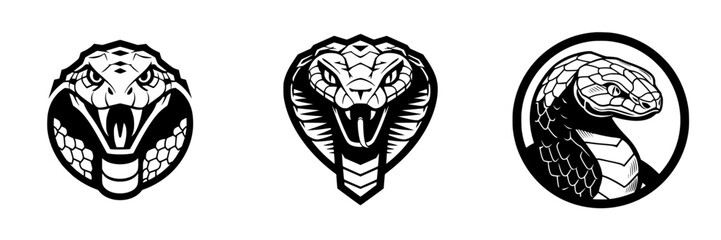 Fierce Cobra Head Emblem with Fangs and Hood Displayed, minimalist monochrome icons