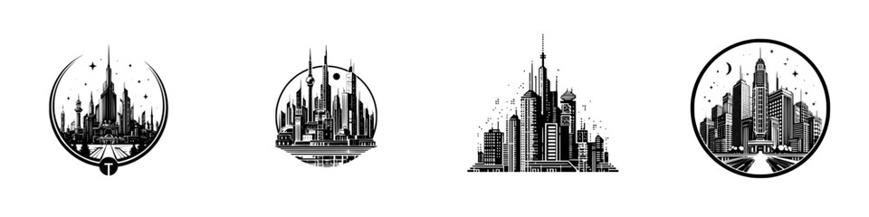 Obraz premium Futuristic city skyline at night with modern skyscrapers and starry sky, minimalist monochrome icons