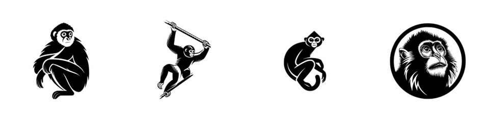 Stylized monkey icons and emblems collection, minimalist monochrome icons