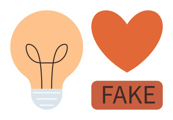 Lightbulb representing ideas, a heart symbolizing emotion, and Fake text questioning authenticity. Ideal for creativity, emotion, innovation, trust, authenticity, social commentary simple flat