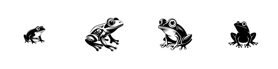 Stylized frog silhouettes in various poses, black and white, minimalist monochrome icons