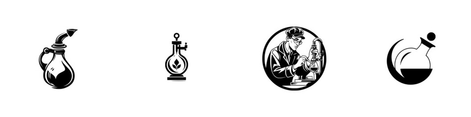 Vintage laboratory equipment and scientist icons, minimalist monochrome icons