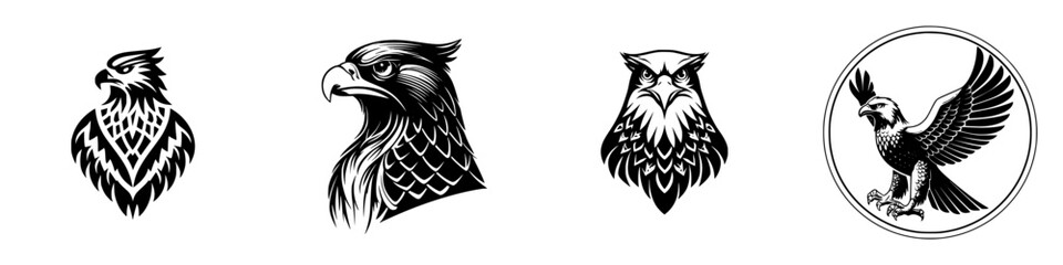 Eagle and Owl Head Silhouettes Collection, minimalist monochrome icons