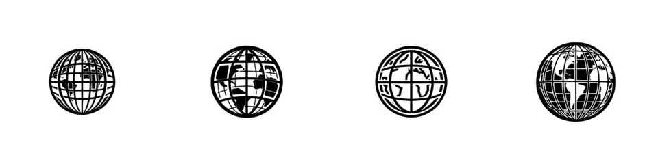 Stylized globes with continents in black and white, showing grid structure for global connection and travel, minimalist monochrome icons