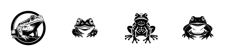 Stylized frog icons and emblems in black and white, minimalist monochrome icons