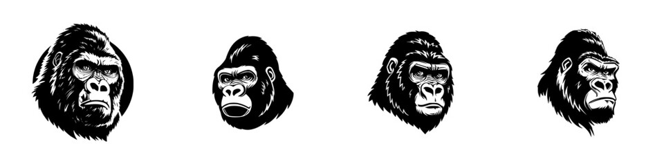 Four stylized gorilla heads, black and white, unique expressions and poses, isolated on white, minimalist monochrome icons