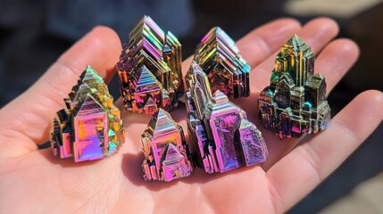 Fototapeta premium Hand holding iridescent mineral crystals, close-up view, colorful crystals