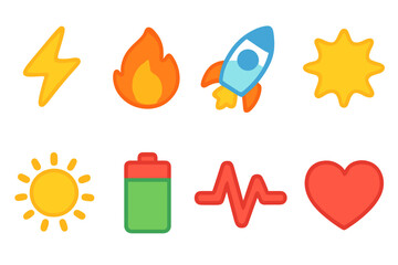Energetic Kids' Icons. Flat vector mini-illustrations Motivation and energy in colors children's illustrations: lightning bolt,