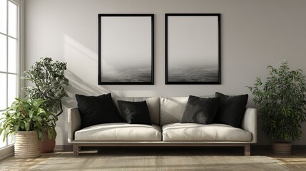 Fototapeta premium Modern living room with a neutral-toned sofa and black accent pillows, featuring large framed art pieces.