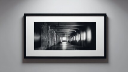 Obraz premium Black and white photo of an empty corridor, highlighting shadows and light play, creating a mysterious atmosphere.