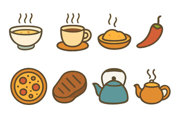 Hot Foods Icons. Flat vector mini-illustrations hot foods in colors children's illustrations: soup bowl, hot coffee cup, steaming
