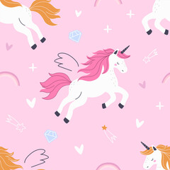 Seamless pattern with cute unicorn on pink background. Vector illustration for printing. Cute baby background for girls