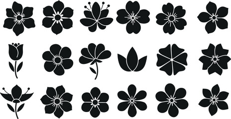 Vector set of black floral icons featuring various stylized flower shapes and designs

