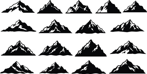 Vector set of black mountain peak icons in various stylized designs and shapes

