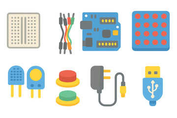 Kids' Circuit Components. Flat vector mini-illustrations circuit assembly in colors children's illustrations: breadboard, jumper