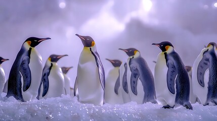 Fototapeta premium Emperor penguins huddle together on the Antarctic ice, braving the cold winter with their young in the wild