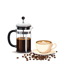 French press coffee with cup saucer