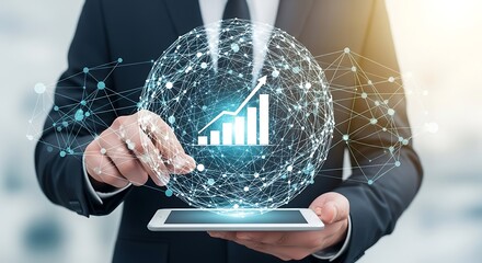 A person holds a tablet displaying a digital graphic of a globe with a growth chart superimposed, representing global progress and interconnectedness.