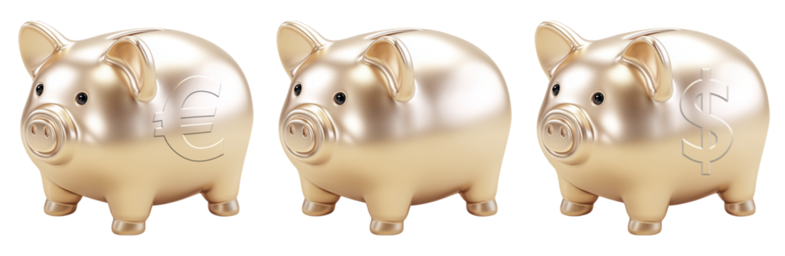 Three golden piggy banks, one with Euro symbol, one plain, and one with Dollar symbol. 3D savings and wealth concept illustration for banking, finance, and investment themes.