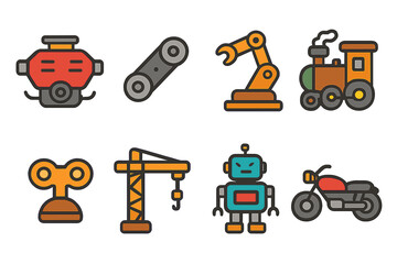 Fototapeta premium Mechanical Vehicles Icons. Flat vector mini-illustrations mechanical vehicles in colors children's illustrations: car engine,