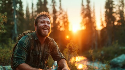 This serene image features a man with a beard, smiling contentedly while sitting in nature near a stream during sunset, encapsulating the beauty of outdoor adventures and tranquility.
