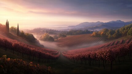 Serene vineyard at sunrise with rolling hills and misty atmosphere